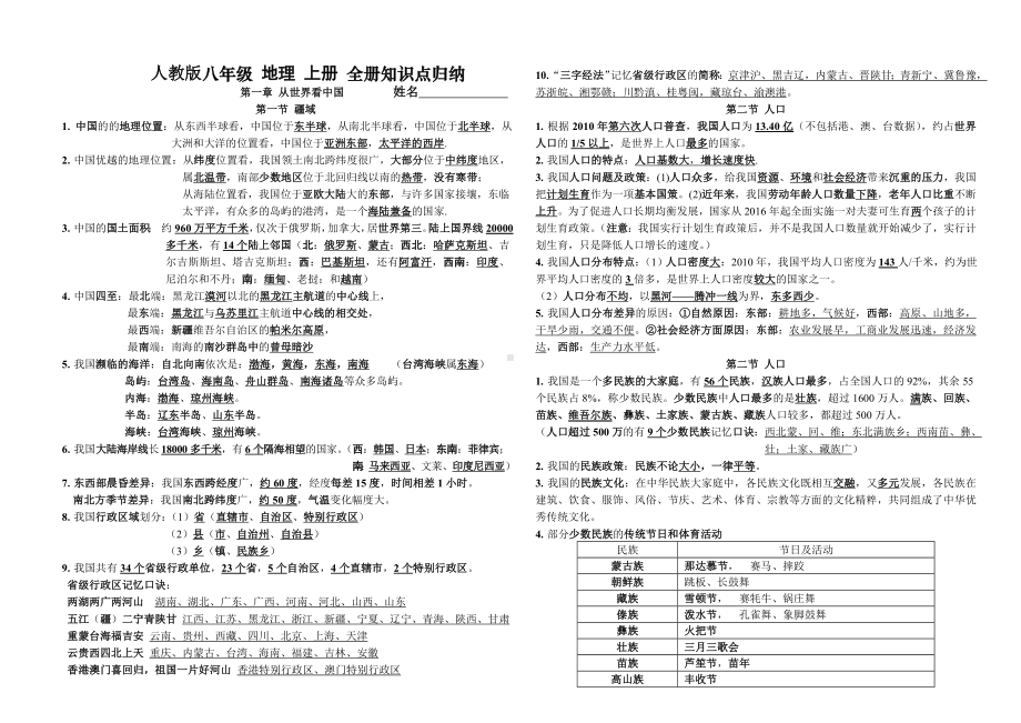 2020年人教版八年级地理-上册-全册知识点归纳.doc_第1页