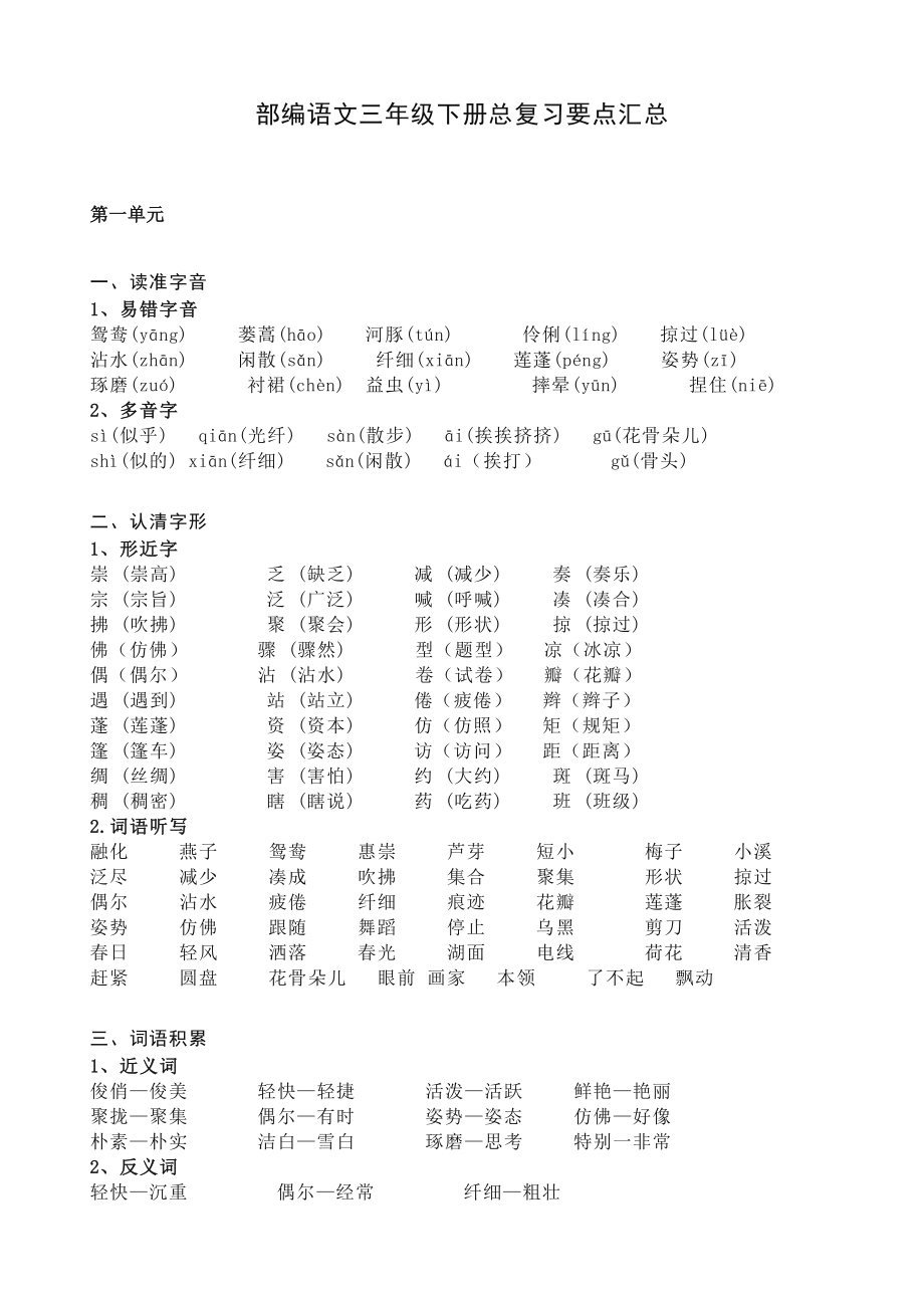 2020春部编版三年级语文下册总复习要点汇总.docx_第1页