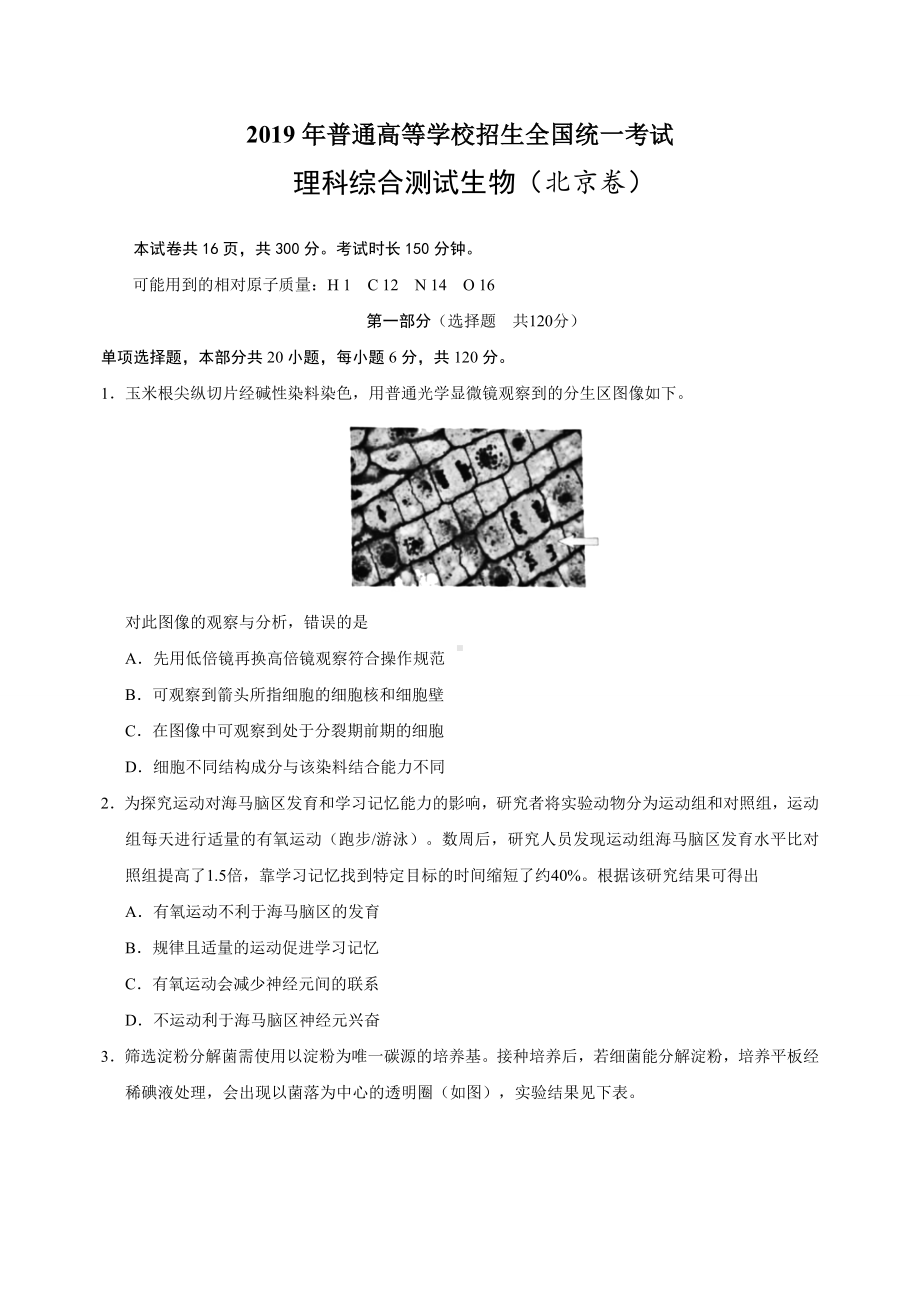 2019年北京高考生物试卷及答案.doc_第1页