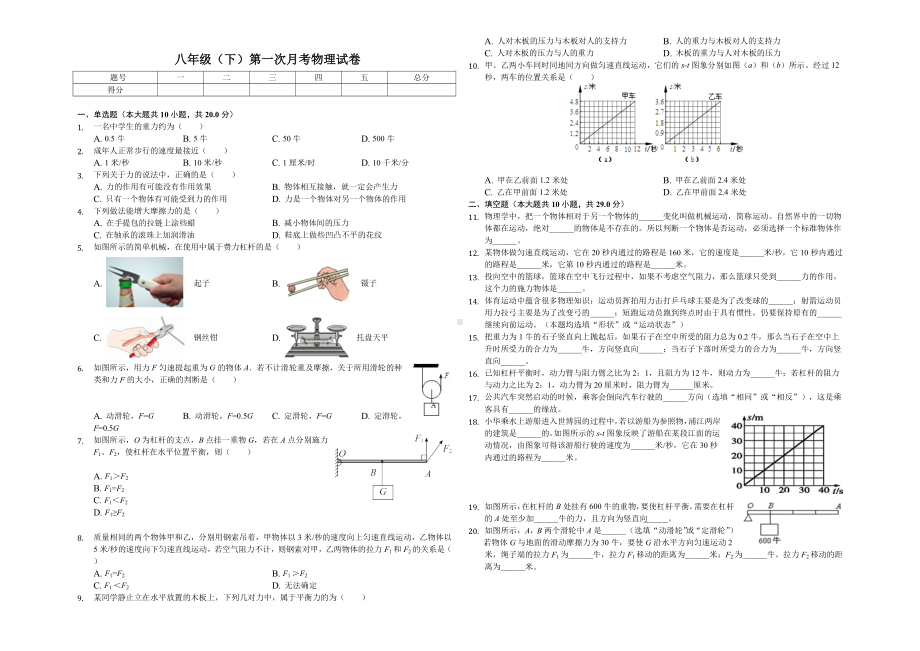 上海市八年级(下)第一次月考物理试卷含答案.doc_第1页