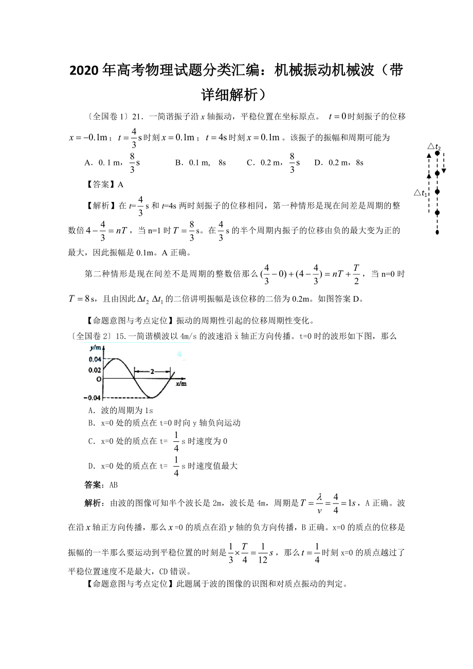 2020年高考物理试题分类汇编：机械振动机械波(带详细解析).doc_第1页