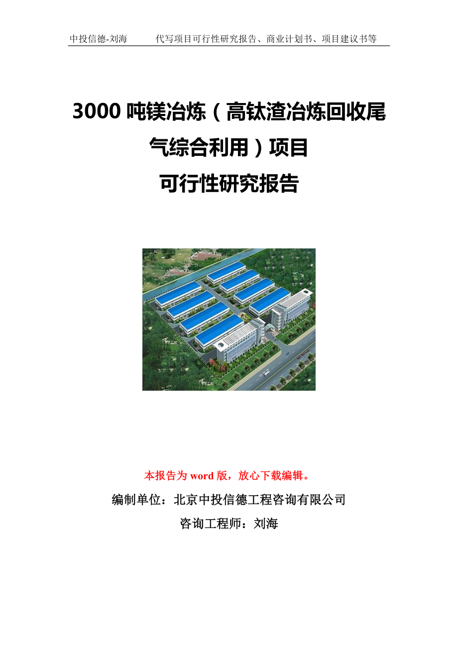 3000吨镁冶炼（高钛渣冶炼回收尾气综合利用）项目可行性研究报告写作模板立项备案文件.doc_第1页