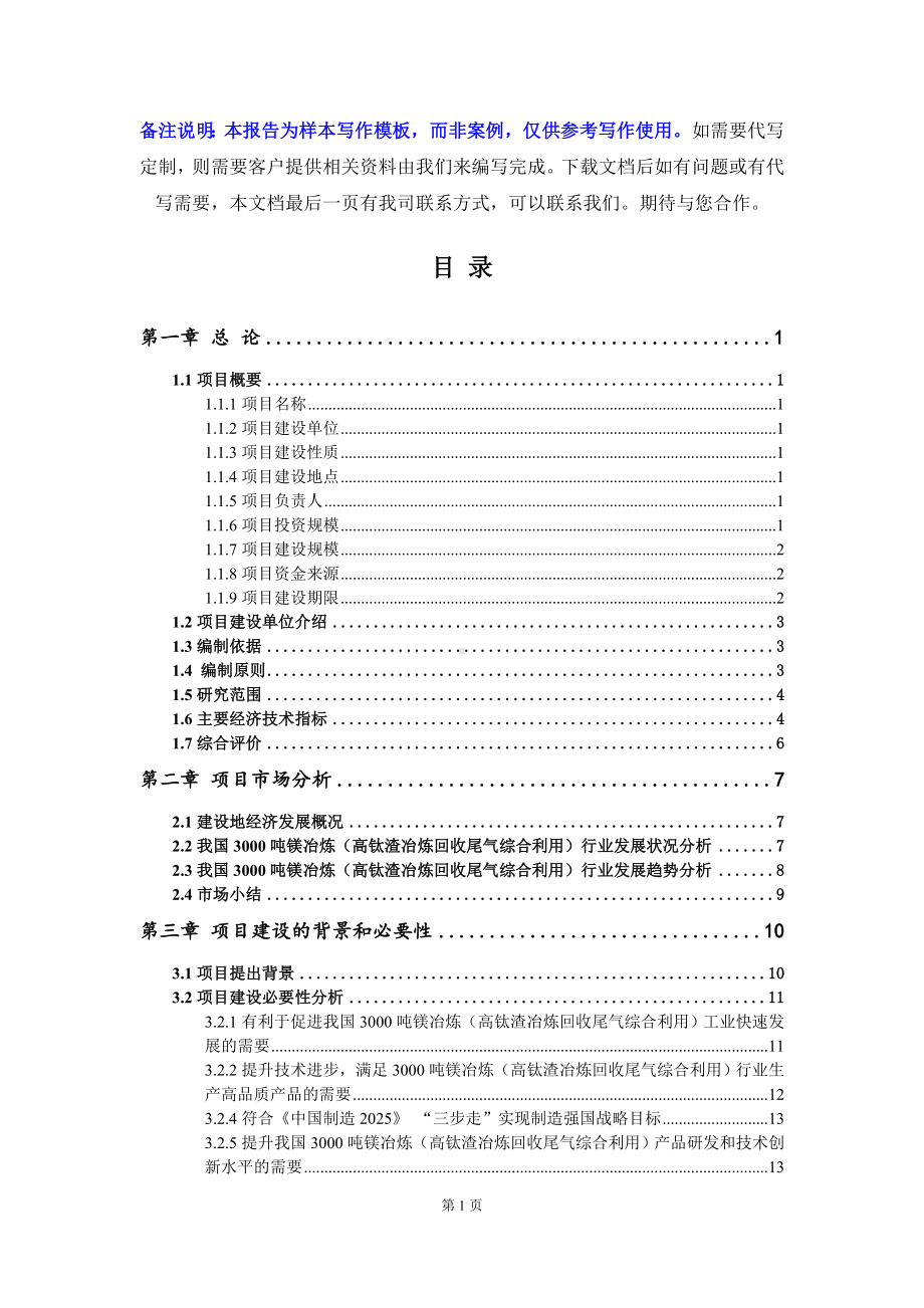 3000吨镁冶炼（高钛渣冶炼回收尾气综合利用）项目可行性研究报告写作模板立项备案文件.doc_第2页