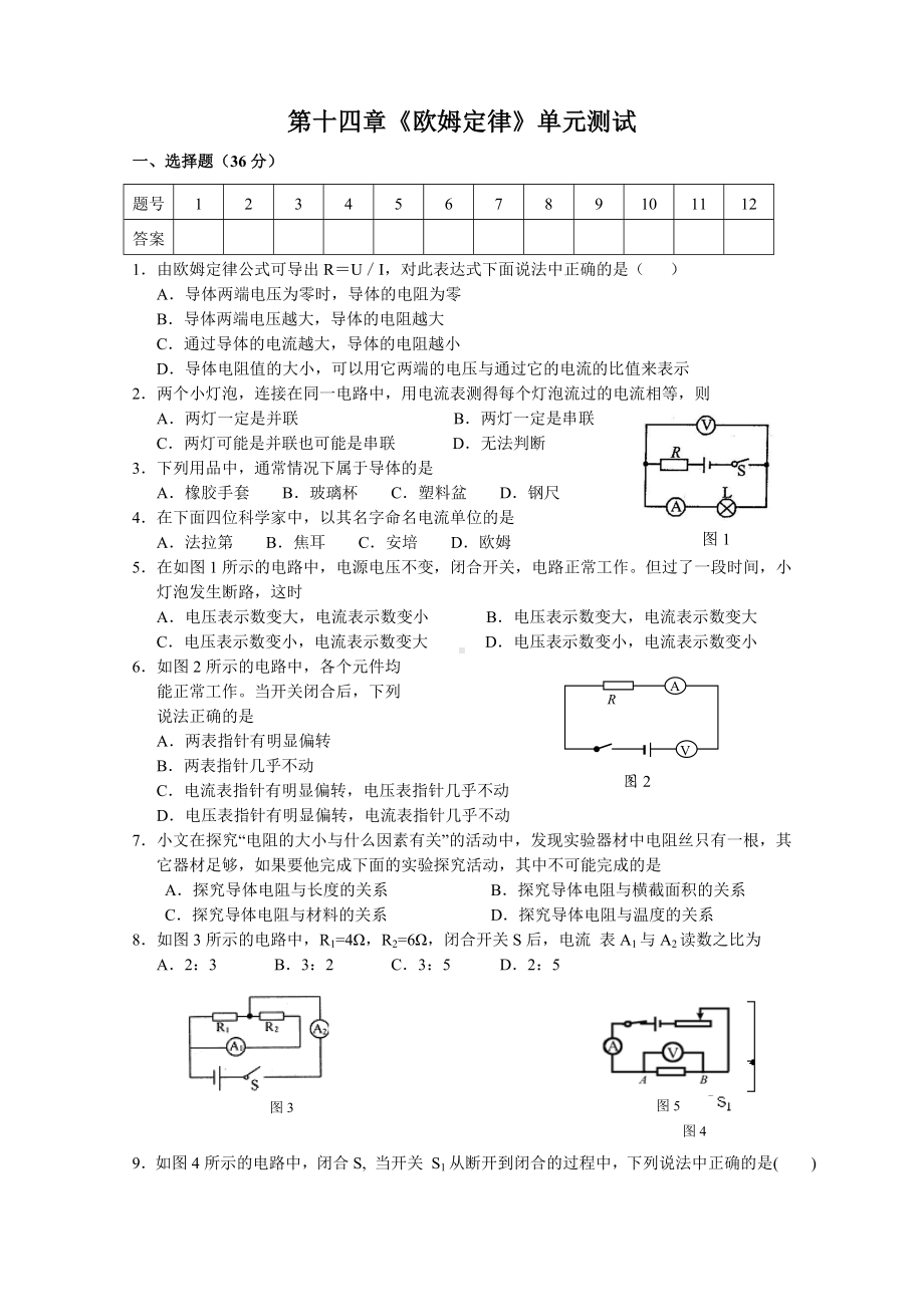 2020年苏科版物理九年级上学期第十四章《欧姆定律》单元测试题题及答案.doc_第1页