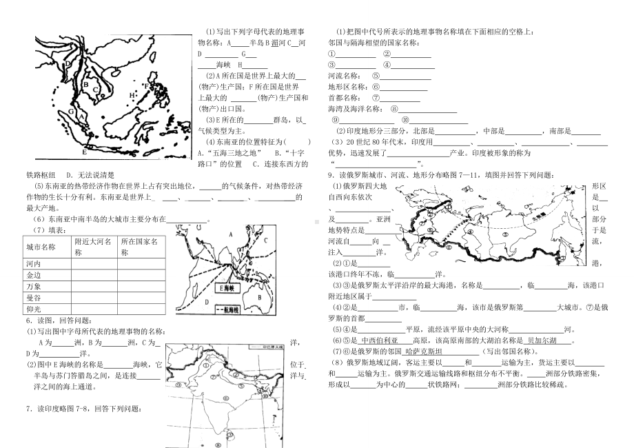 人教版地理七年级下册填图复习题(含答案)(1).doc_第2页