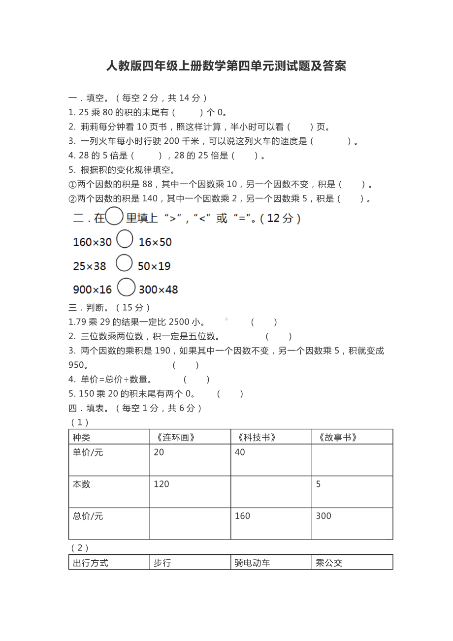 人教版四年级上册数学第四单元测试题及答案.docx_第1页