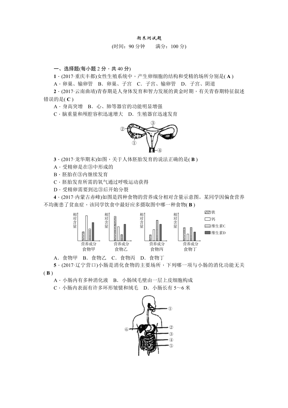 2020年人教版七年级下册生物期末测试题.doc_第1页