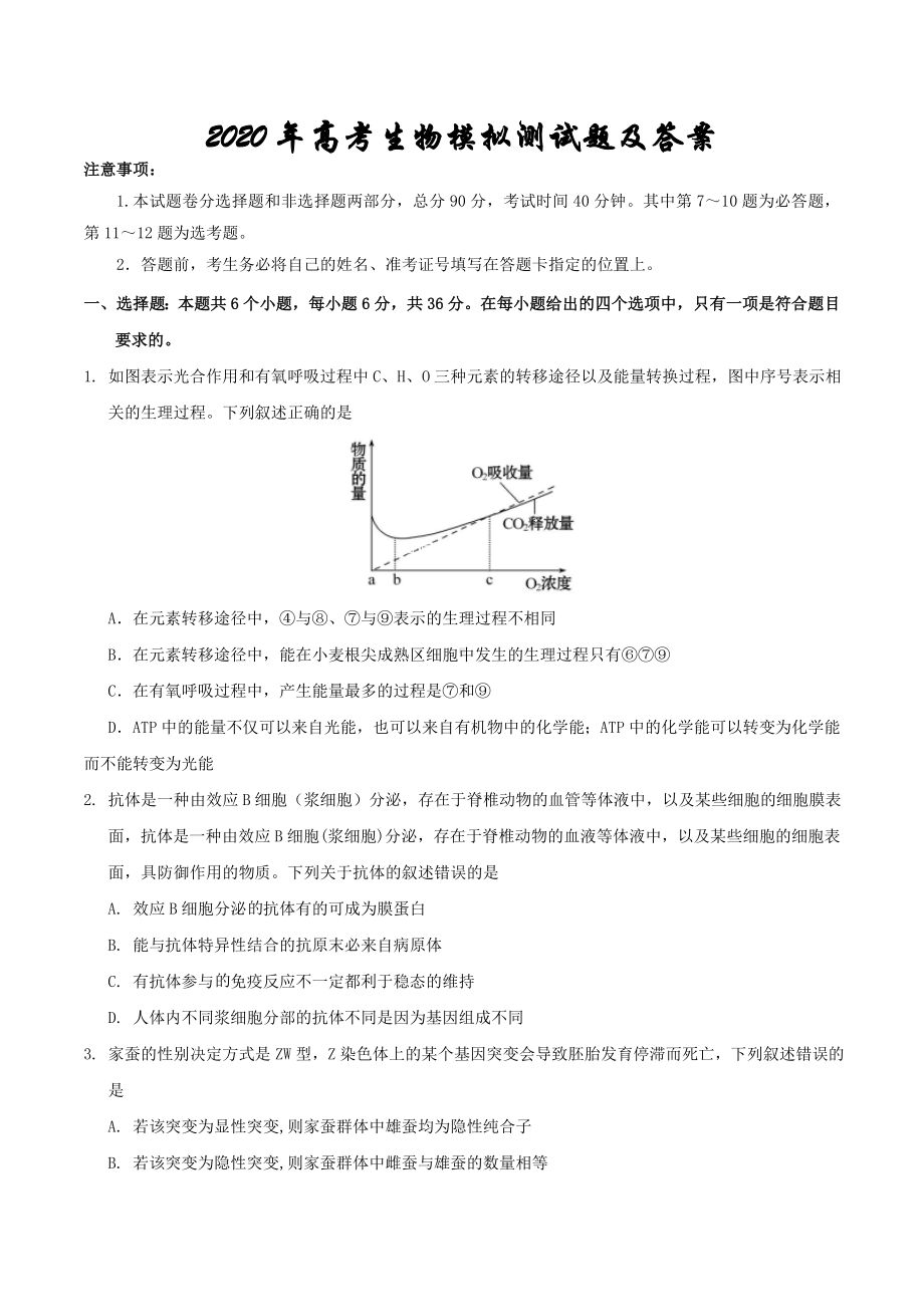 2020年高考生物模拟测试题及答案.doc_第1页