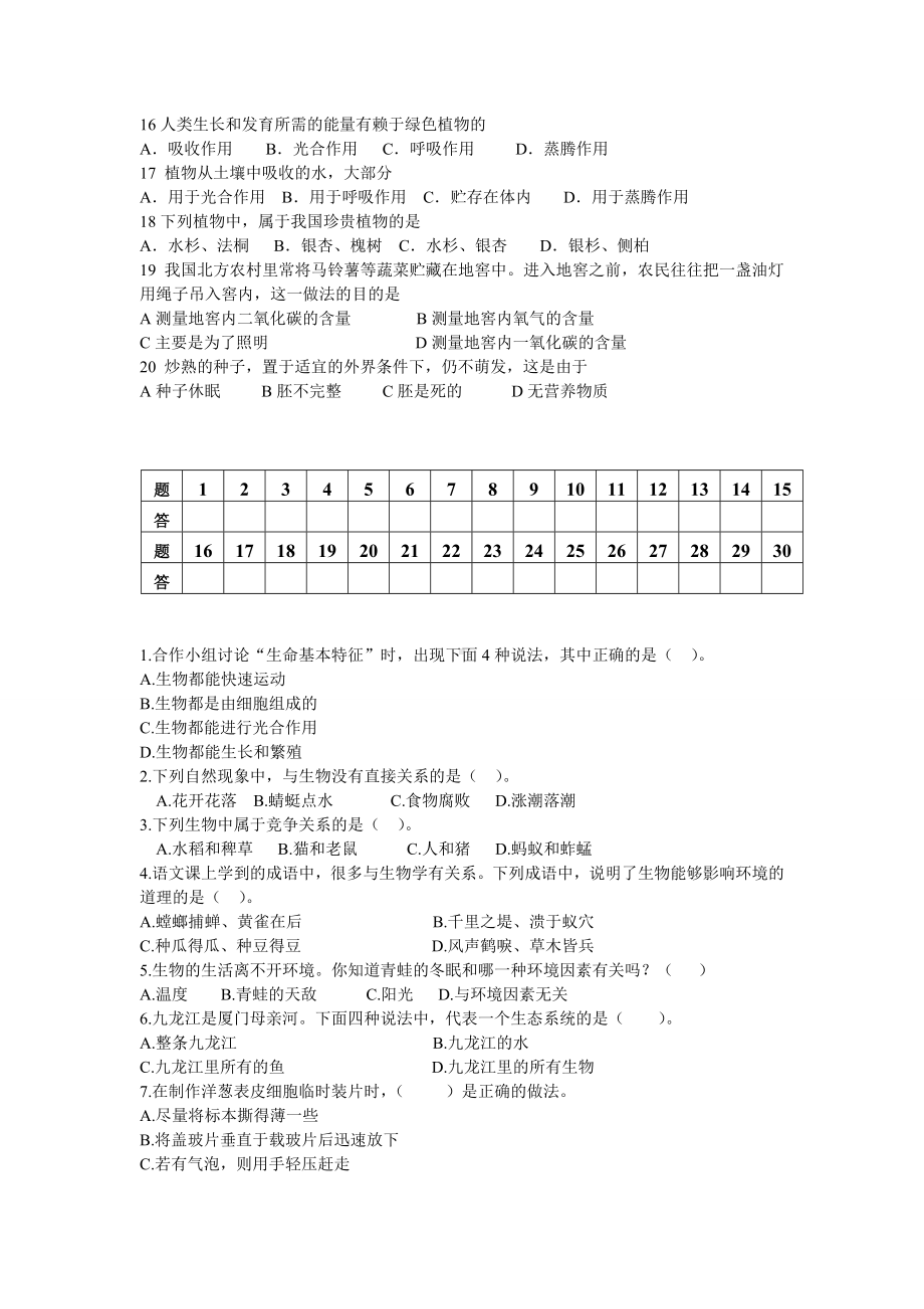 (完整版)苏科版七年级生物上册选择题大集合有答案.doc_第2页