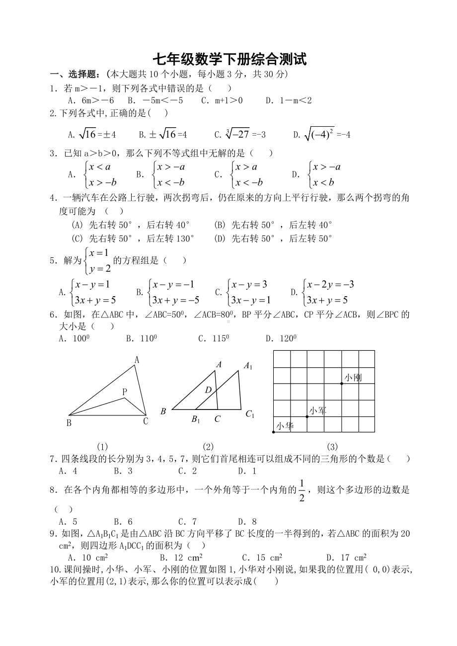 人教版七年级数学下册全册综合测试.docx_第1页