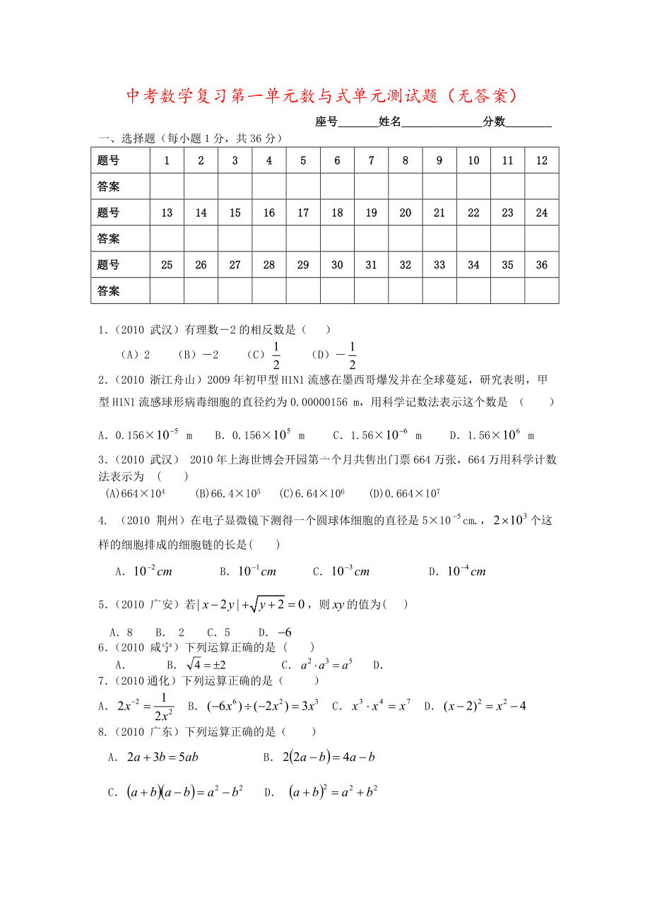 中考数学复习第一单元数与式单元测试题(无答案).doc_第1页