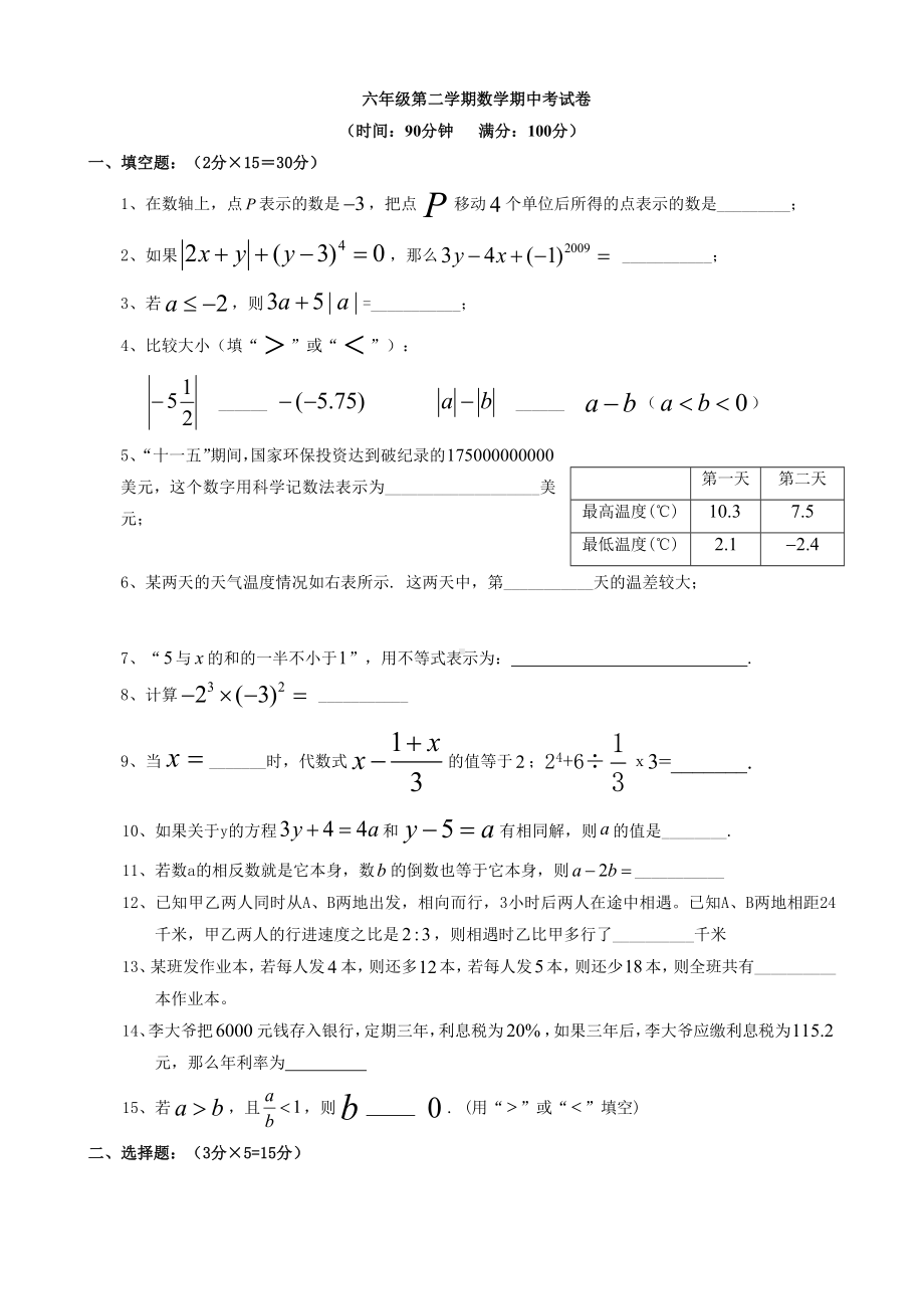 上海市六年级第二学期数学期中考试卷汇总.doc_第1页