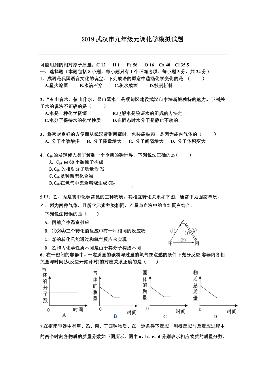 2019武汉市九年级元调化学模拟试题.doc_第1页