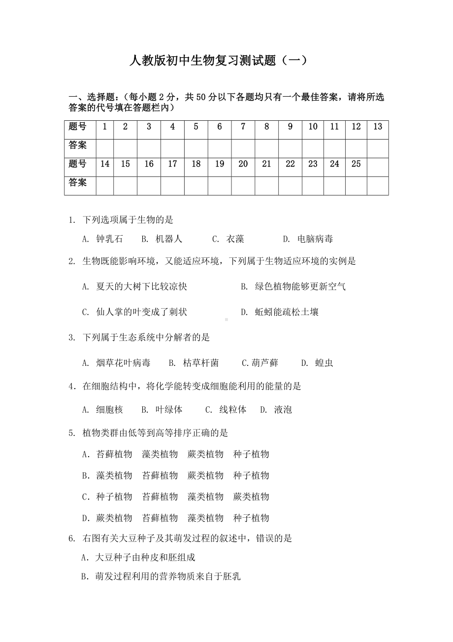 人教版初中生物复习测试题(一).docx_第1页