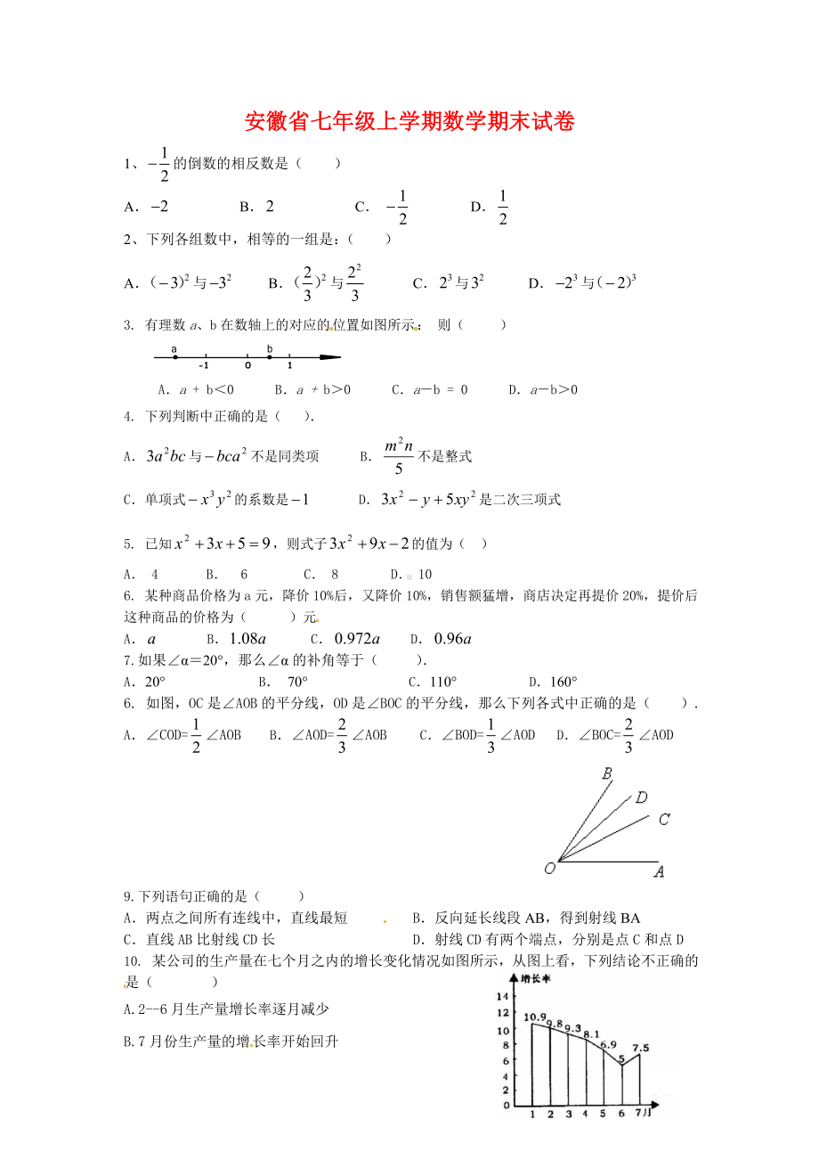 2020年安徽省七年级上学期数学期末试卷.doc_第1页