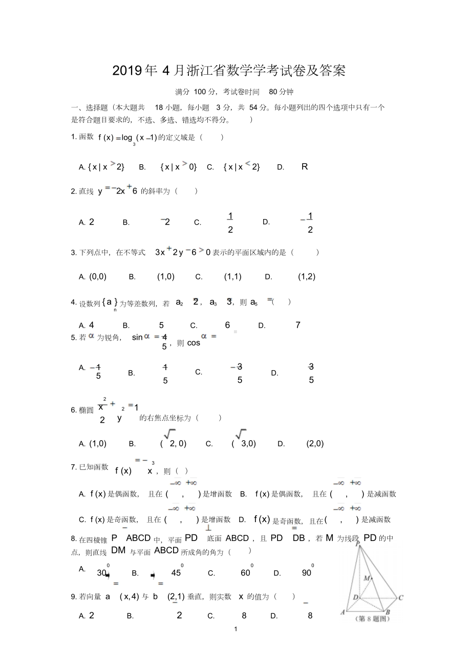 2019年4月浙江数学学考试卷及答案(wold).doc_第1页