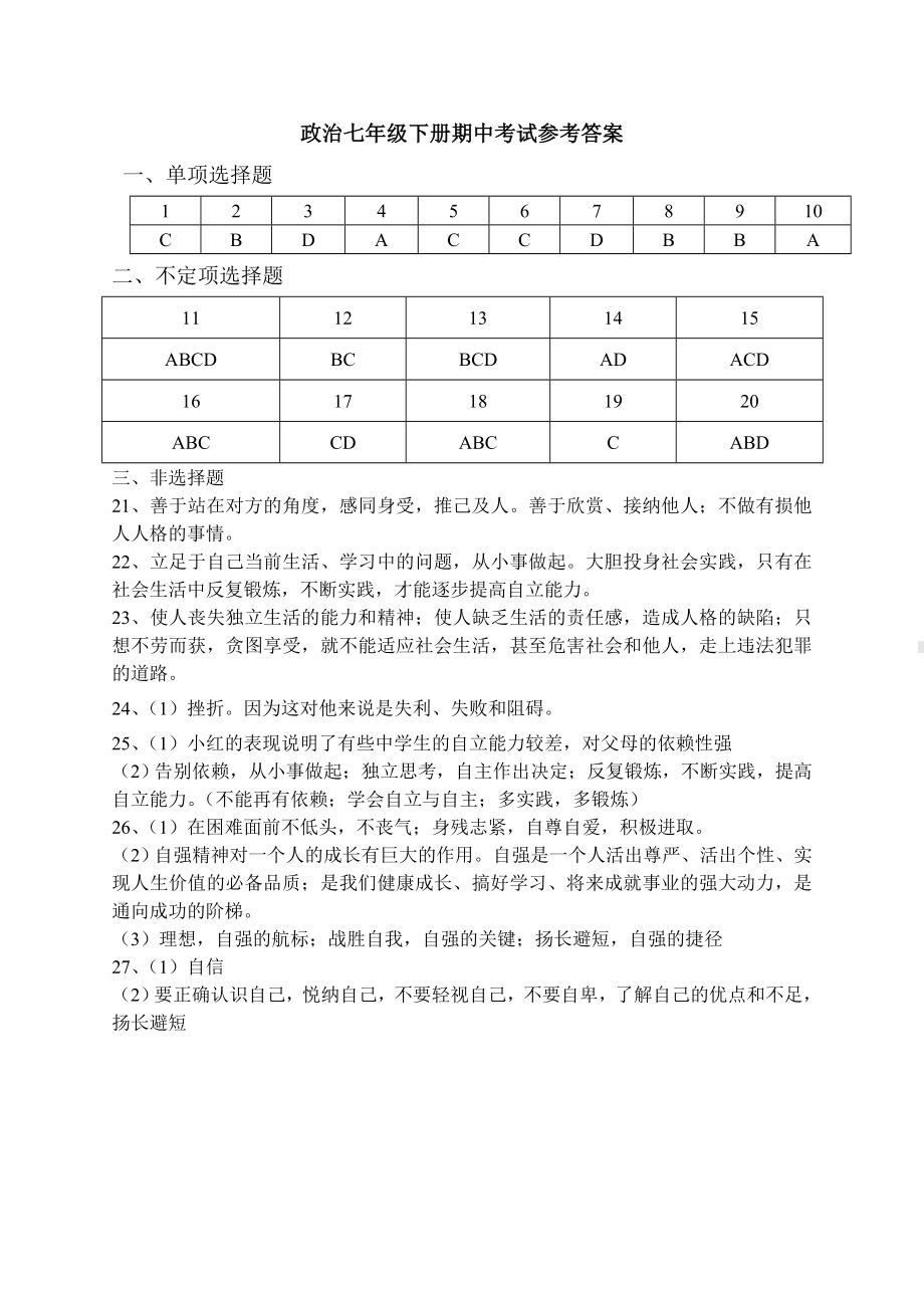 人教版七年级下思想品德期中考试试卷(含答案).doc_第3页