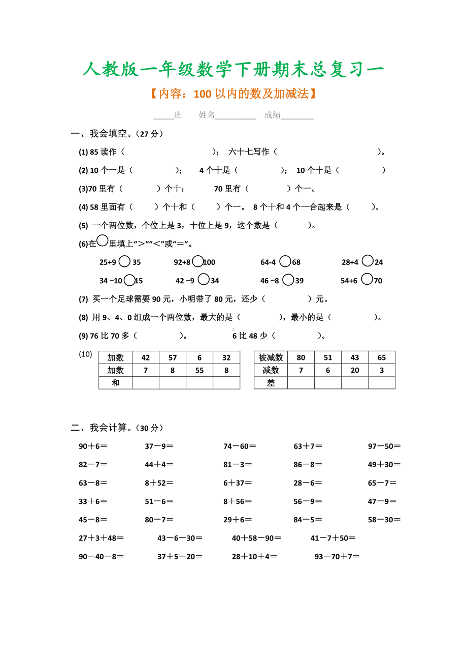 一年级数学下册总复习试题集(知识点归类).doc_第1页