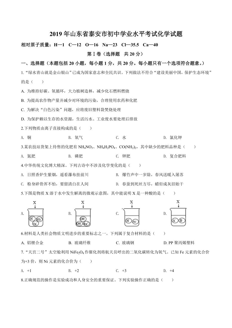 2019年山东省泰安市中考化学试题(原卷版).doc_第1页