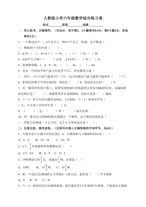 人教版小学六年级数学下册期末总复习试卷题目.doc