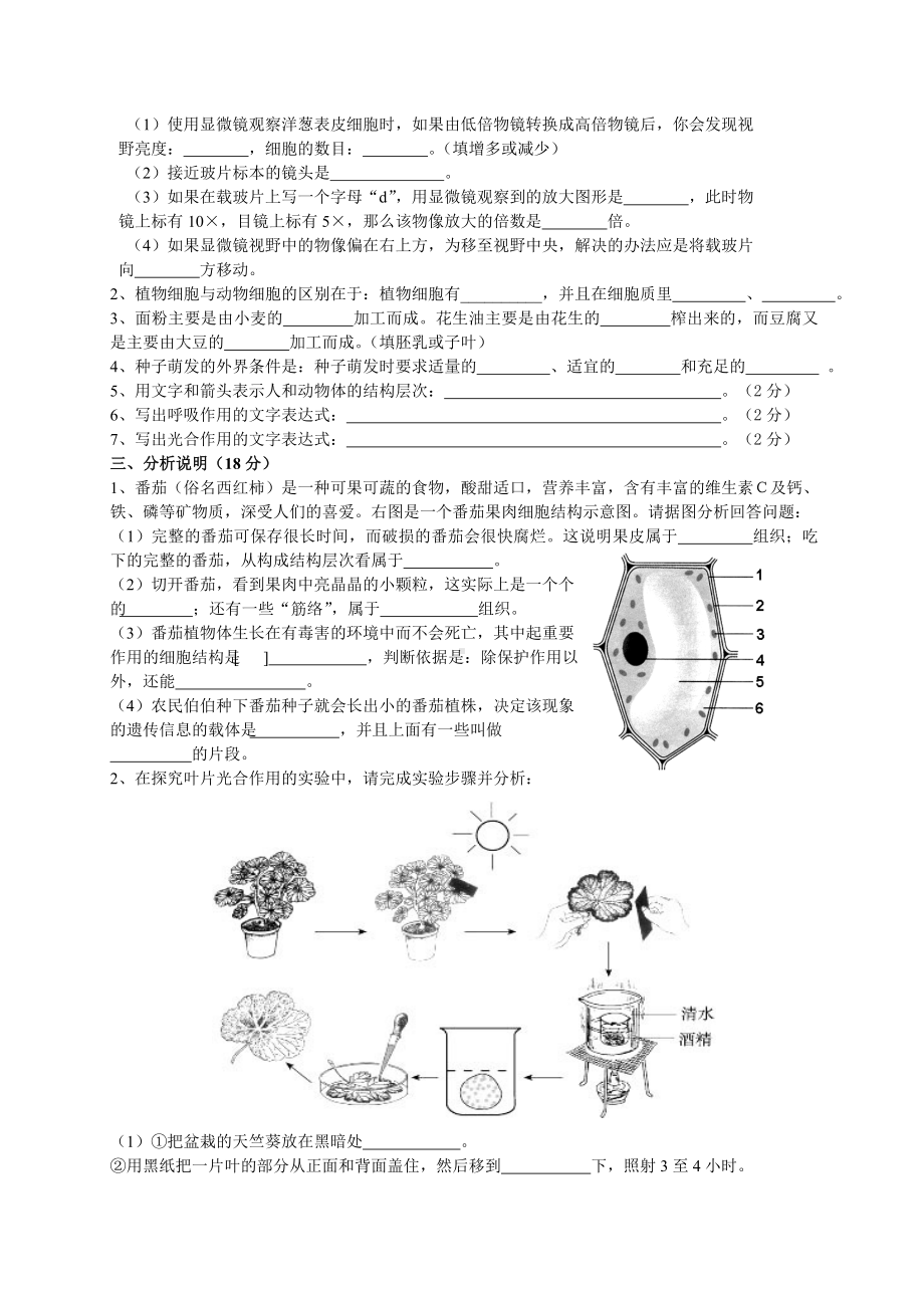 七年级上册生物期末测试试题卷及答案.doc_第3页