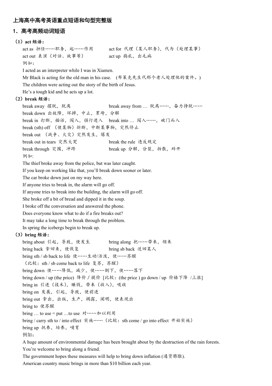 上海高中高考英语重点短语和句型完整版.doc_第1页