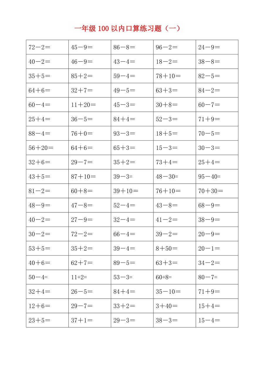 人教版数学一年级下册100以内加减法口算练习题400题.doc_第1页