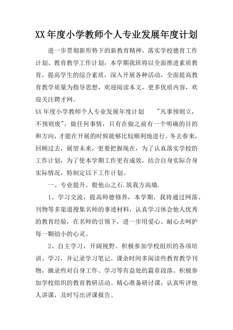 XX年度小学教师个人专业发展年度计划.docx_第1页