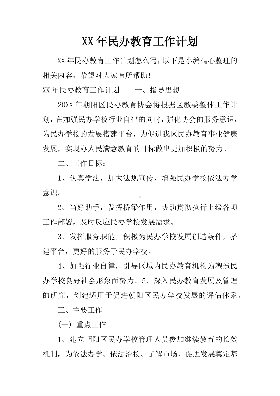 XX年民办教育工作计划.docx_第1页