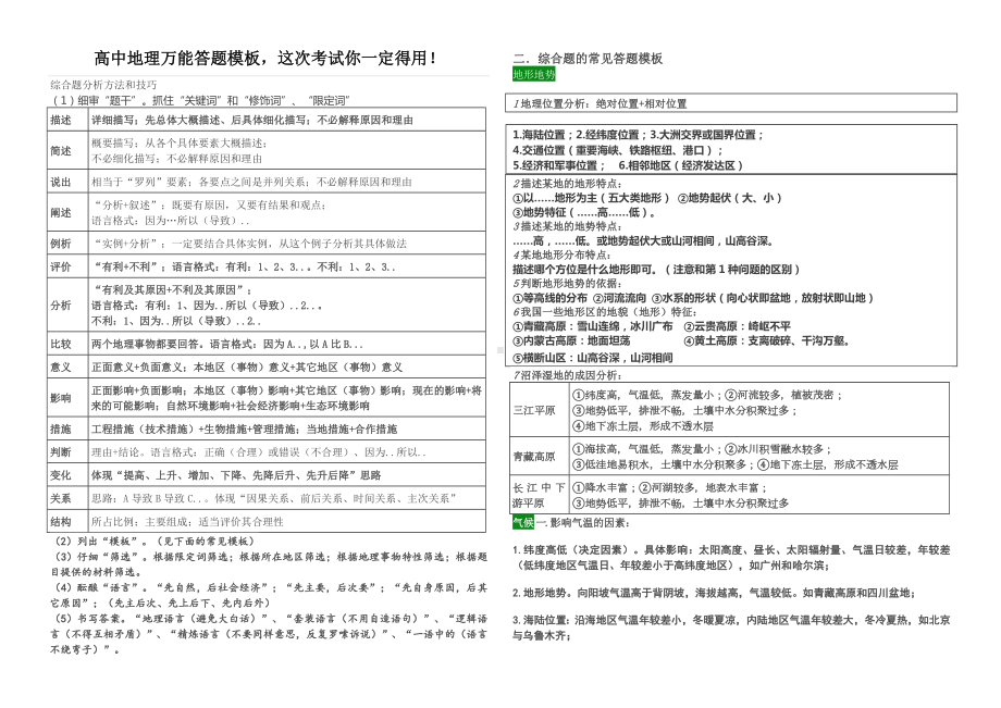 (完整版)高中地理万能答题模板.doc_第1页