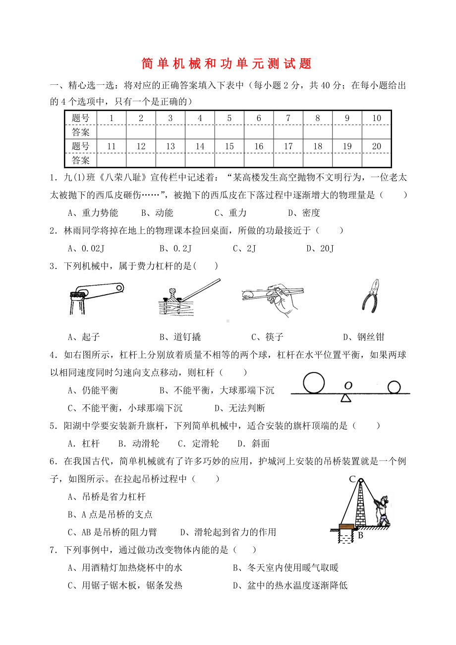 九年级物理-简单机械和功单元测试题-苏科版.doc_第1页