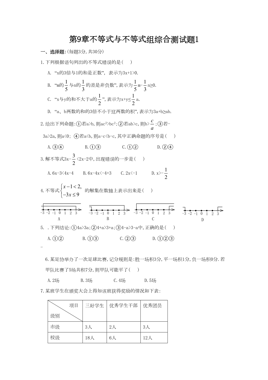 （新人教版九年级数学下册单元测试卷及答案）第9章不等式与不等式组综合测试题1.doc_第1页