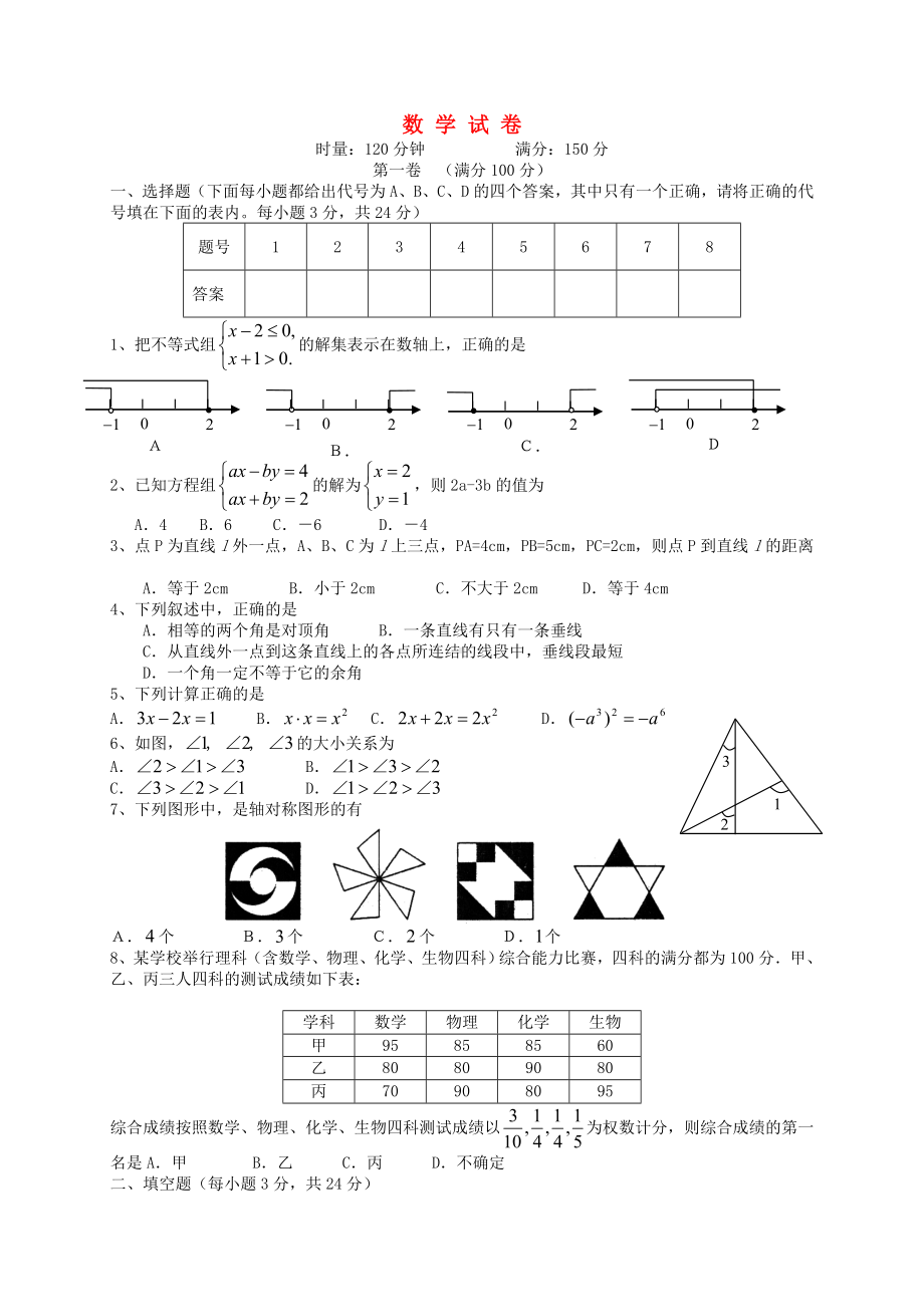 七年级数学下册全册综合测试题(新版)湘教版.doc_第1页