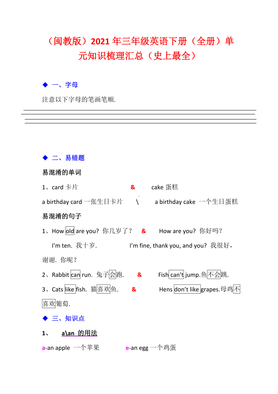 (闽教版)英语三年级下册单元知识梳理-(史上最全)(全书完整版).doc_第1页