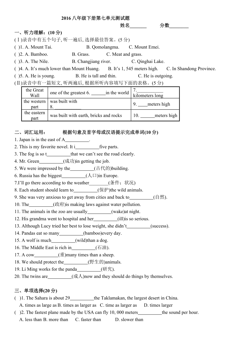 人教版八年级下英语Unit7测试题.doc_第1页