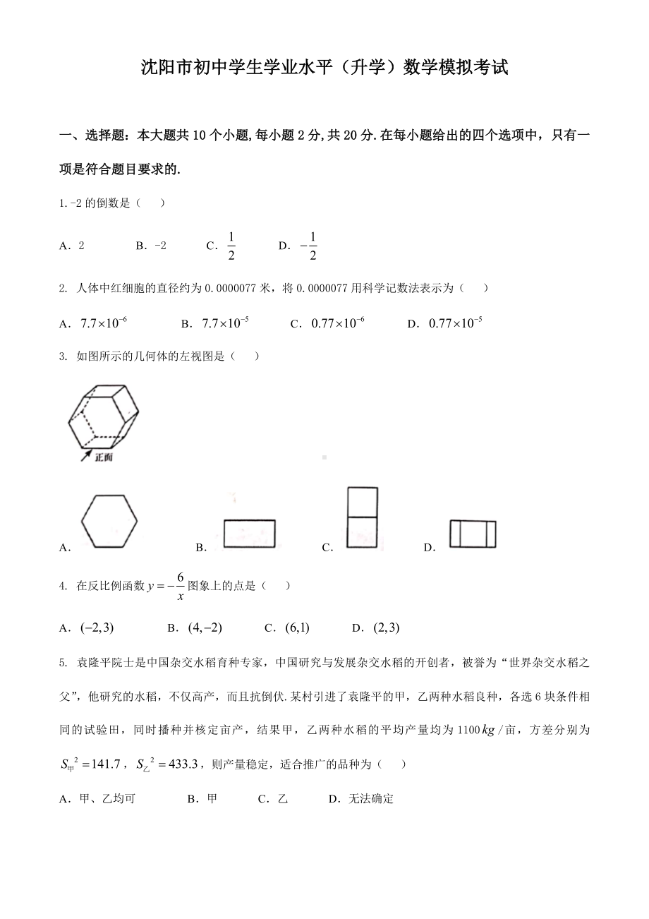 2020年沈阳中考数学模拟试卷.docx_第1页