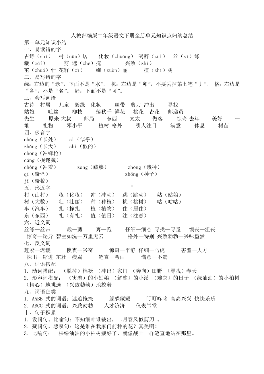 人教部编版二年级语文下册全册单元知识点归纳总结.docx_第1页