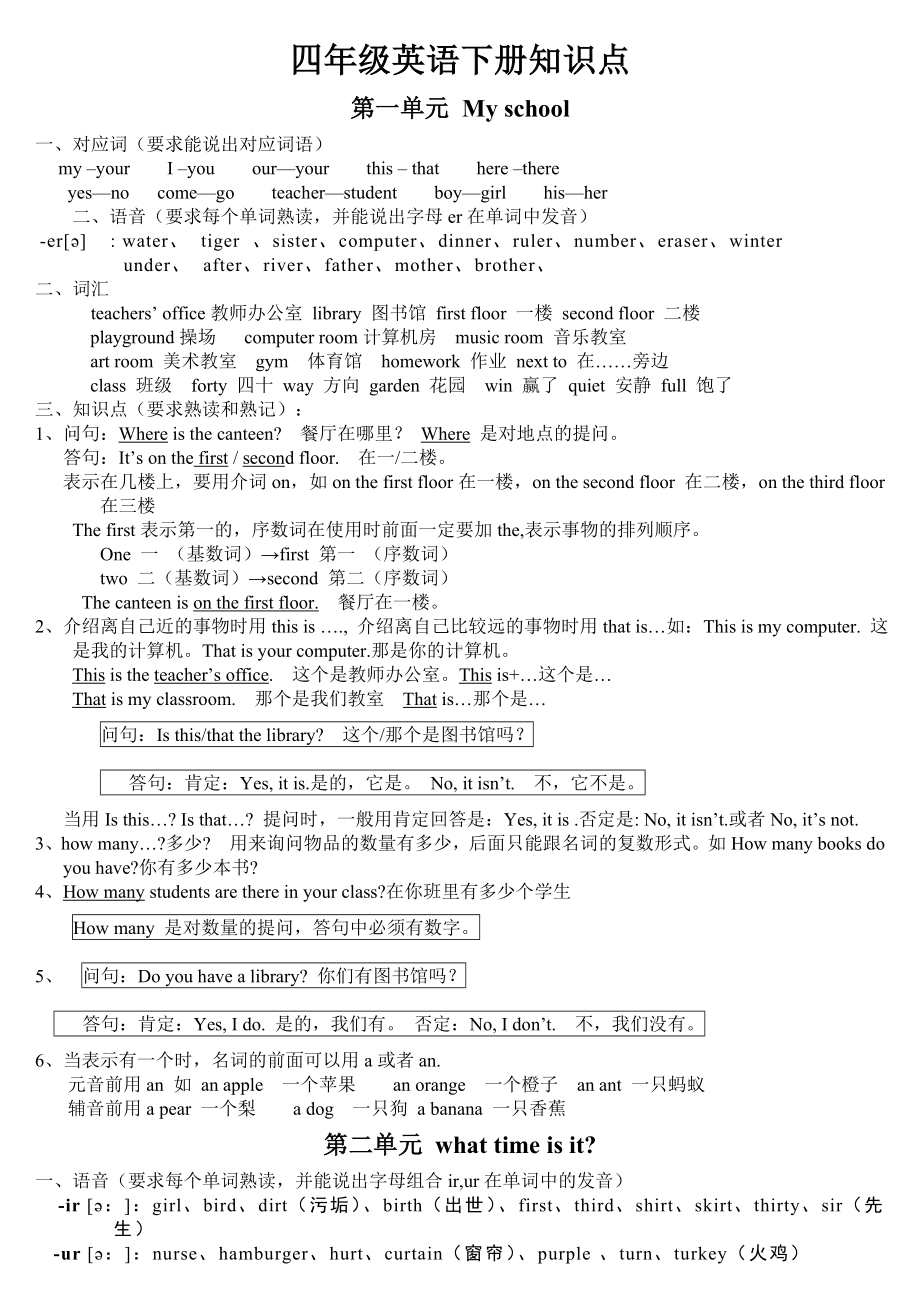 2019人教版pep四年级英语下册知识点归纳.doc_第1页