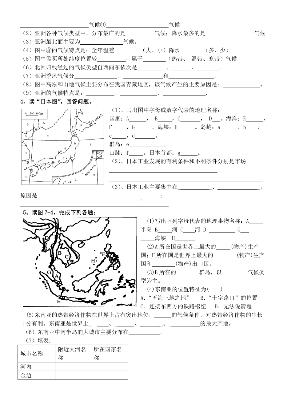 人教版地理七年级下册填图复习题(含答案)28987.doc_第2页