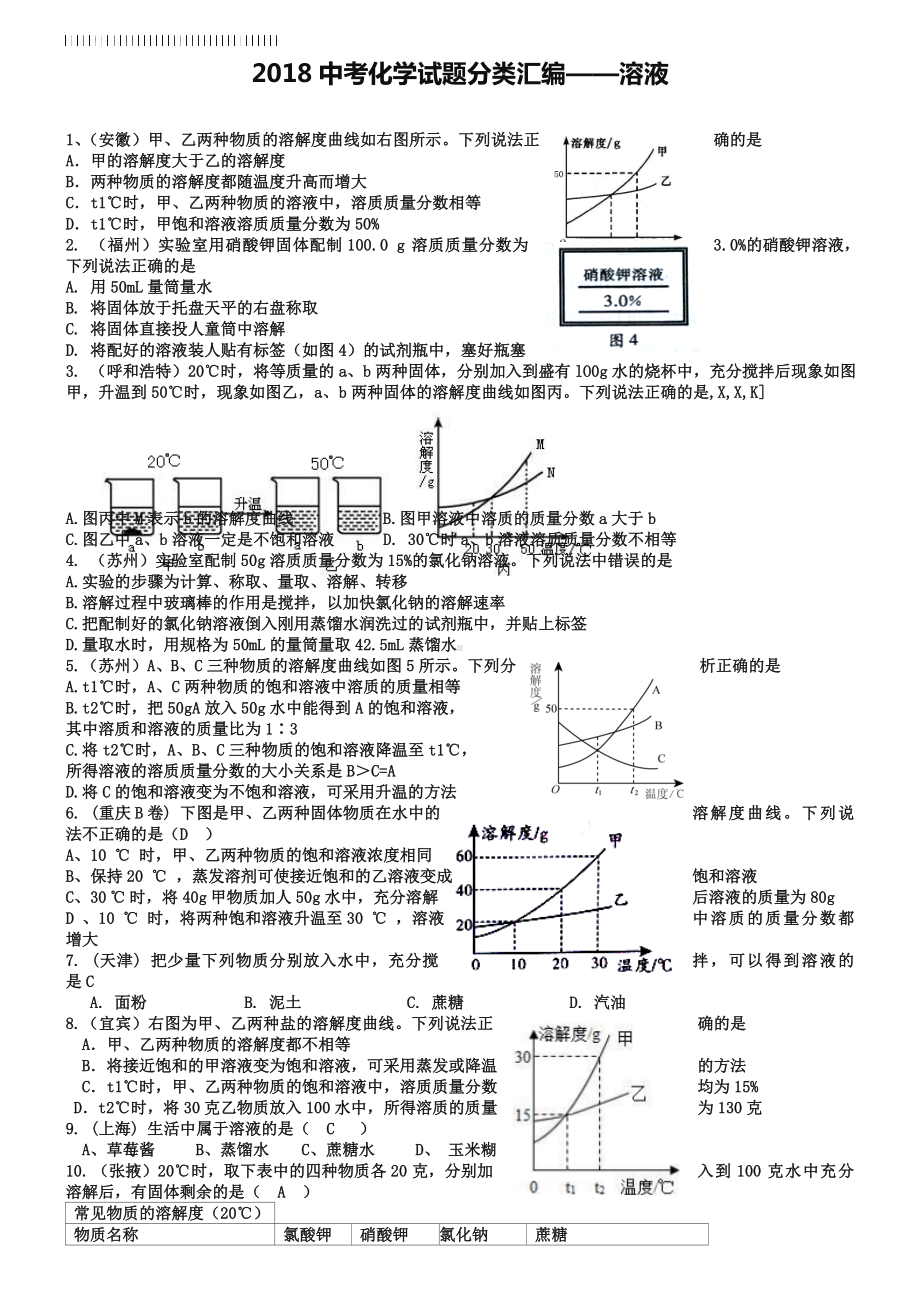 2019年全国各地中考化学试题分类汇编：溶液(含答案).doc_第1页