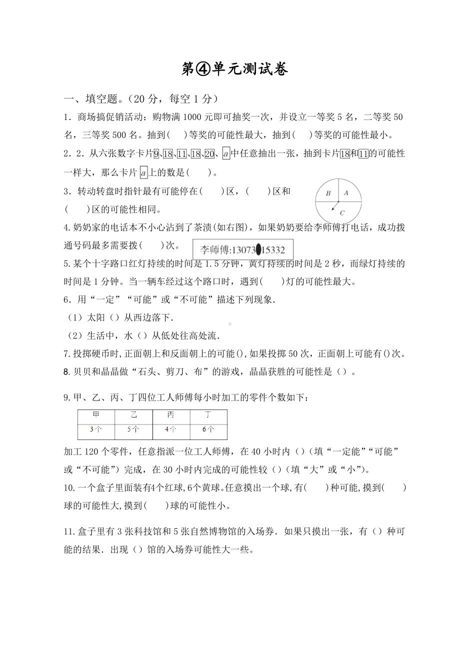 人教版数学五年级上册第四单元测试卷含答案.docx_第1页