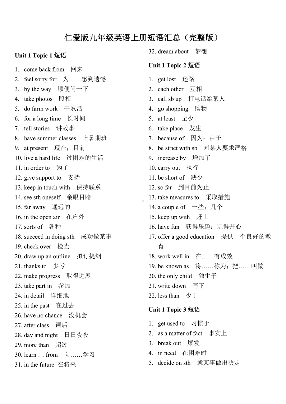 仁爱版九年级英语上册词汇及短语汇总(完整版).doc_第1页