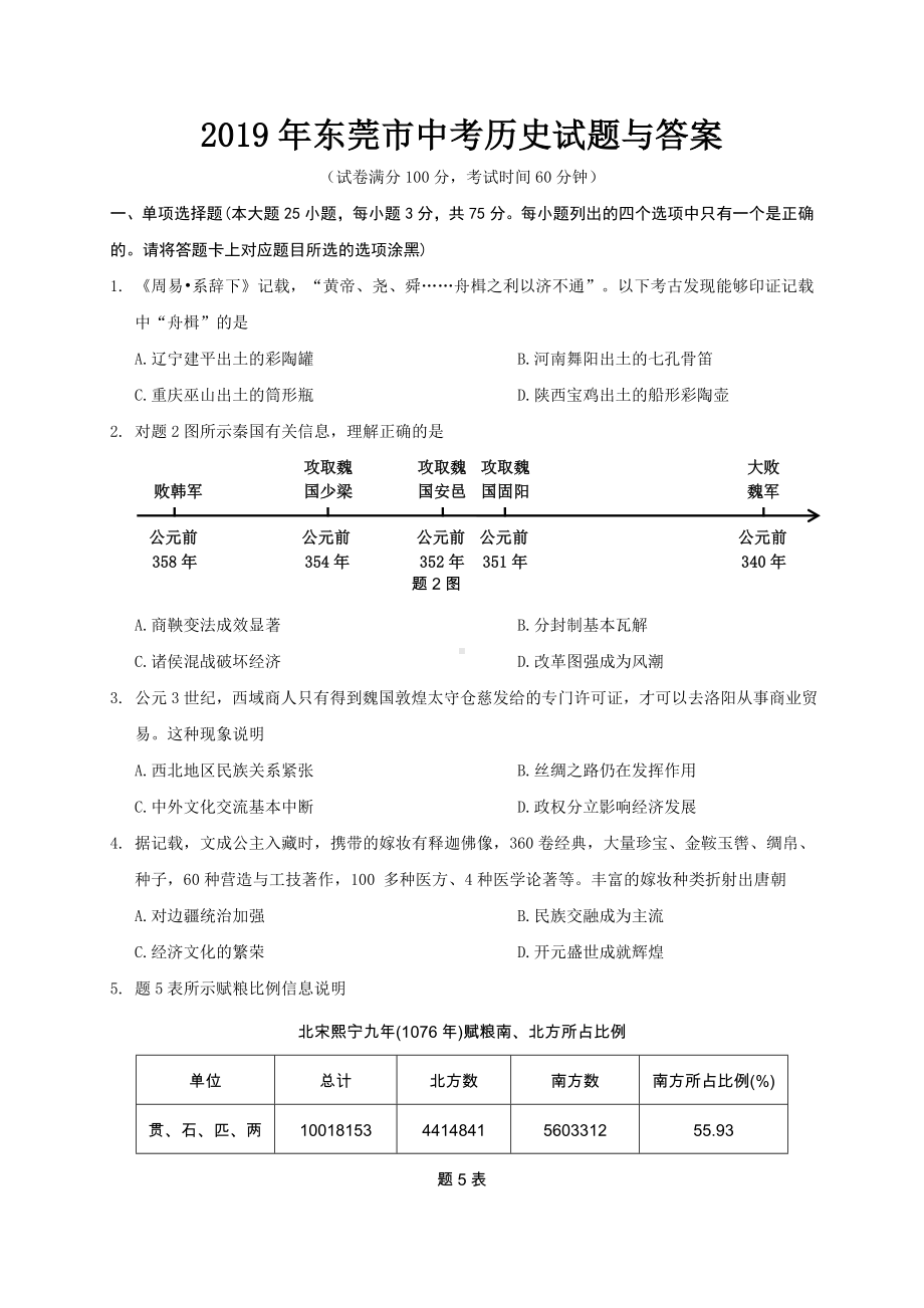 2019年东莞市中考历史试题与答案.doc_第1页