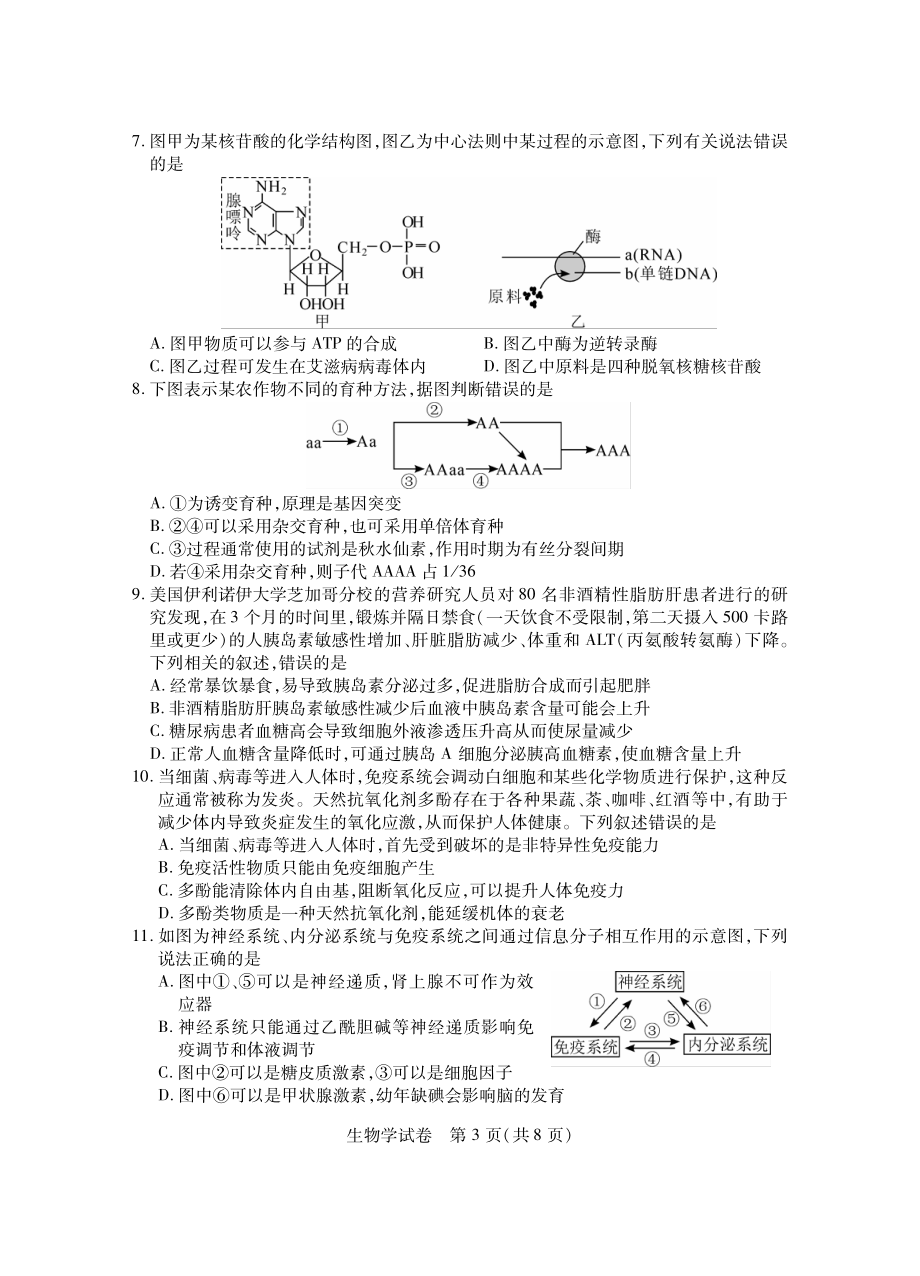 第八届湖北省高三（4月）调研模拟考试生物试卷及答案.pdf_第3页