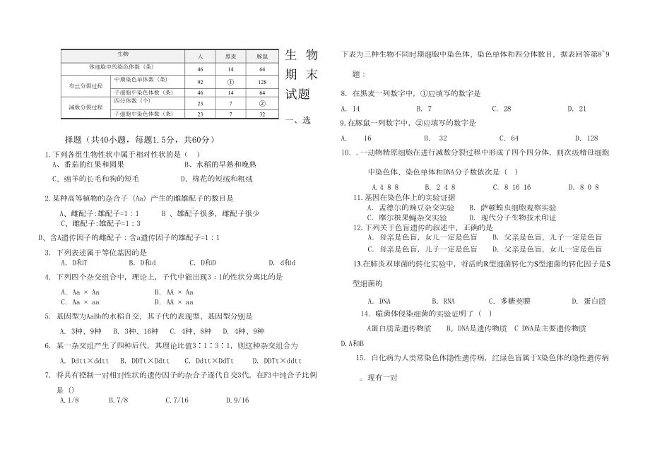 人教版-高中生物必修二期末试题.doc_第2页