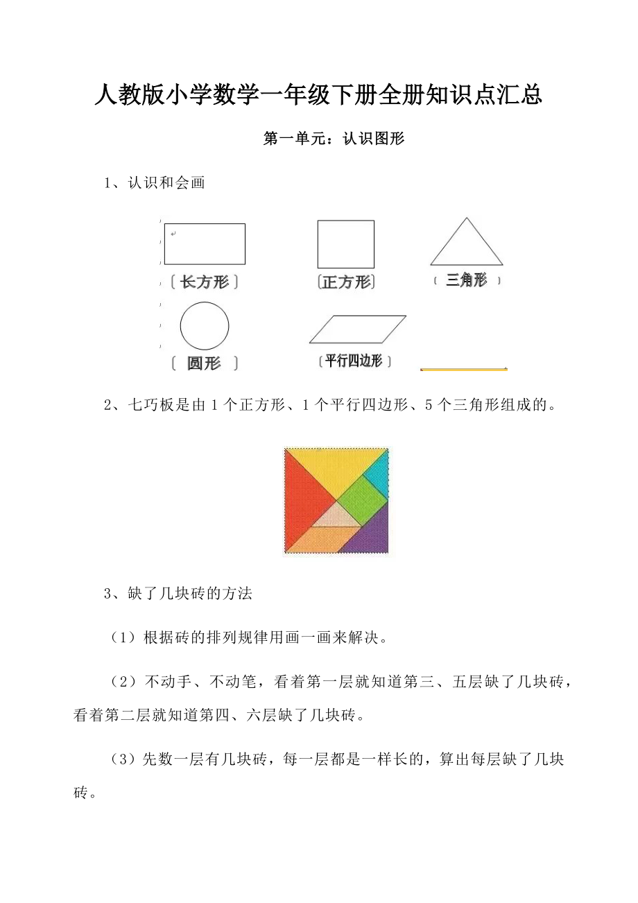 人教版小学数学一年级下册全册知识点汇总(复习材料).docx_第1页