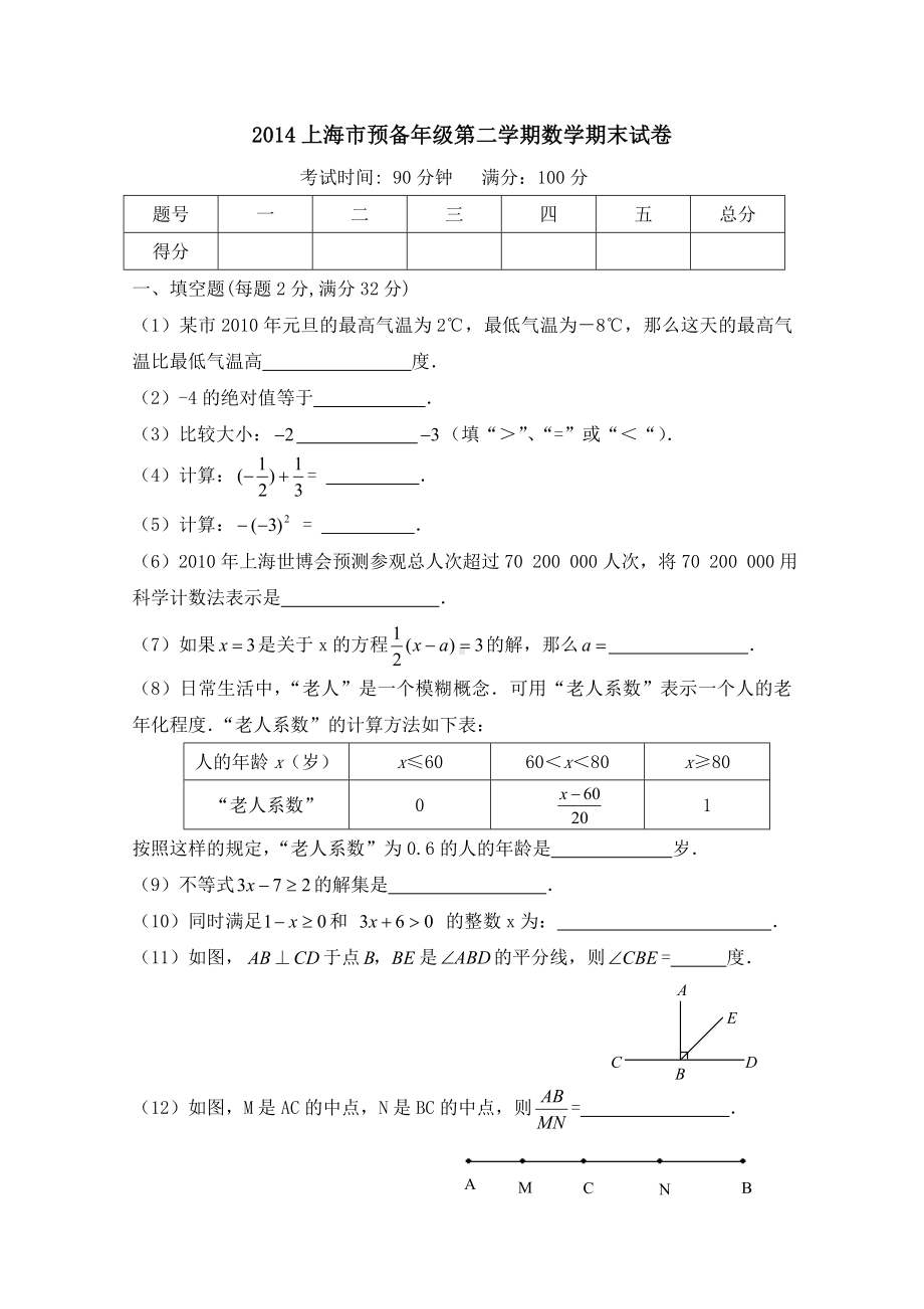 上海市某中学预备年级第二学期数学期末试卷.doc_第1页