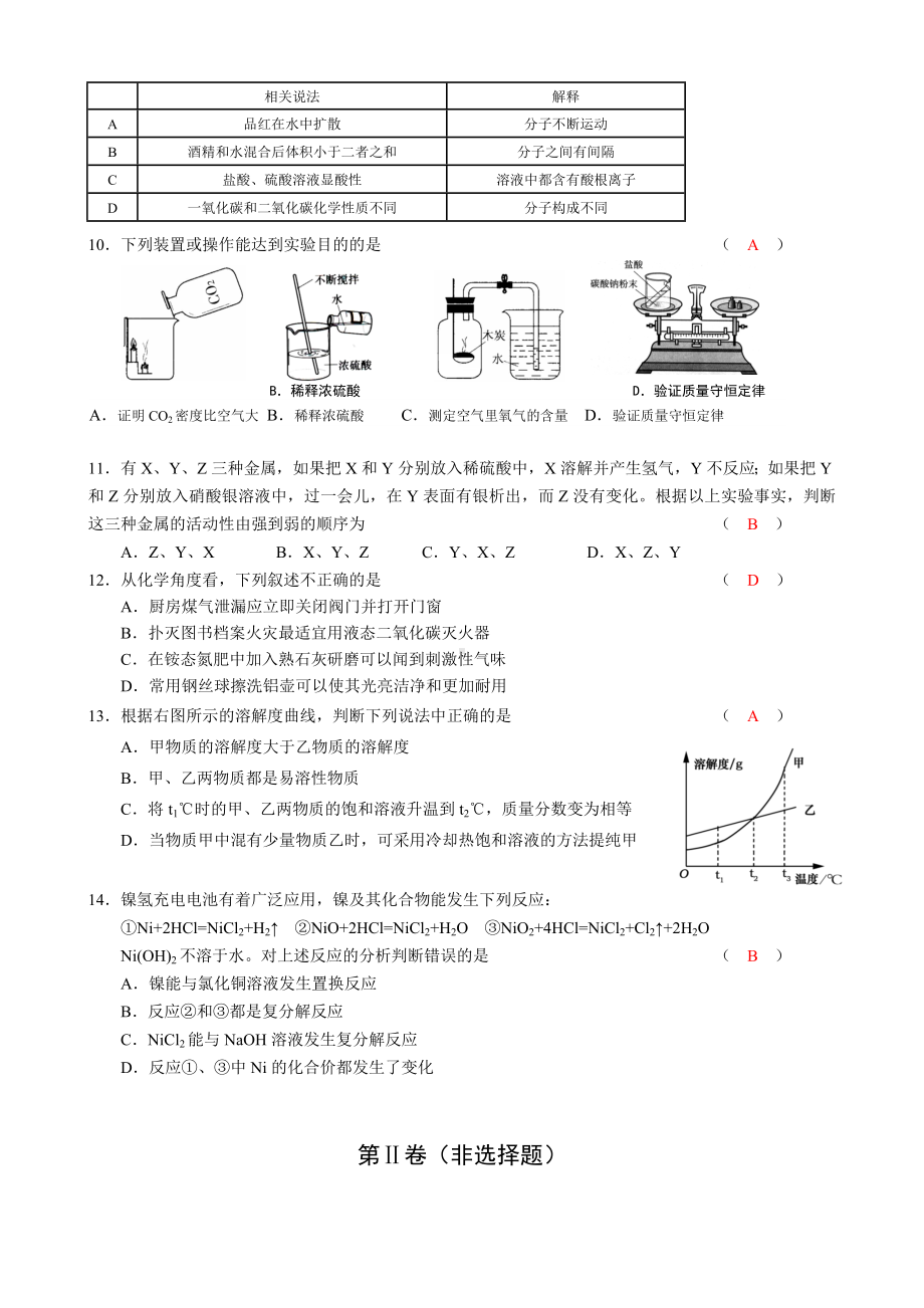 人教版初三化学中考模拟试题.doc_第2页