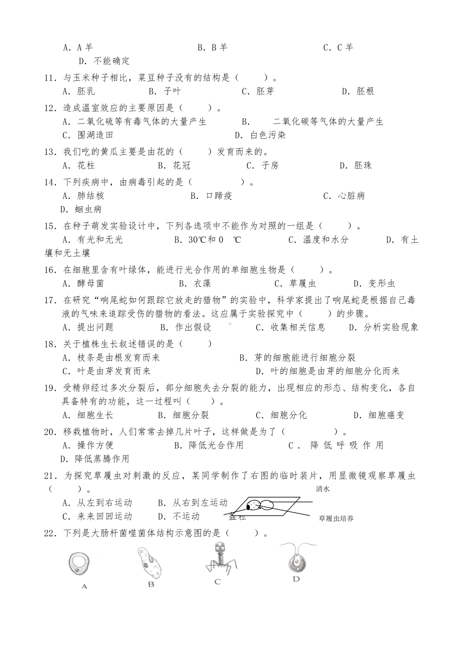 人教版七年级生物上册期末考试测试卷(附答案).doc_第2页