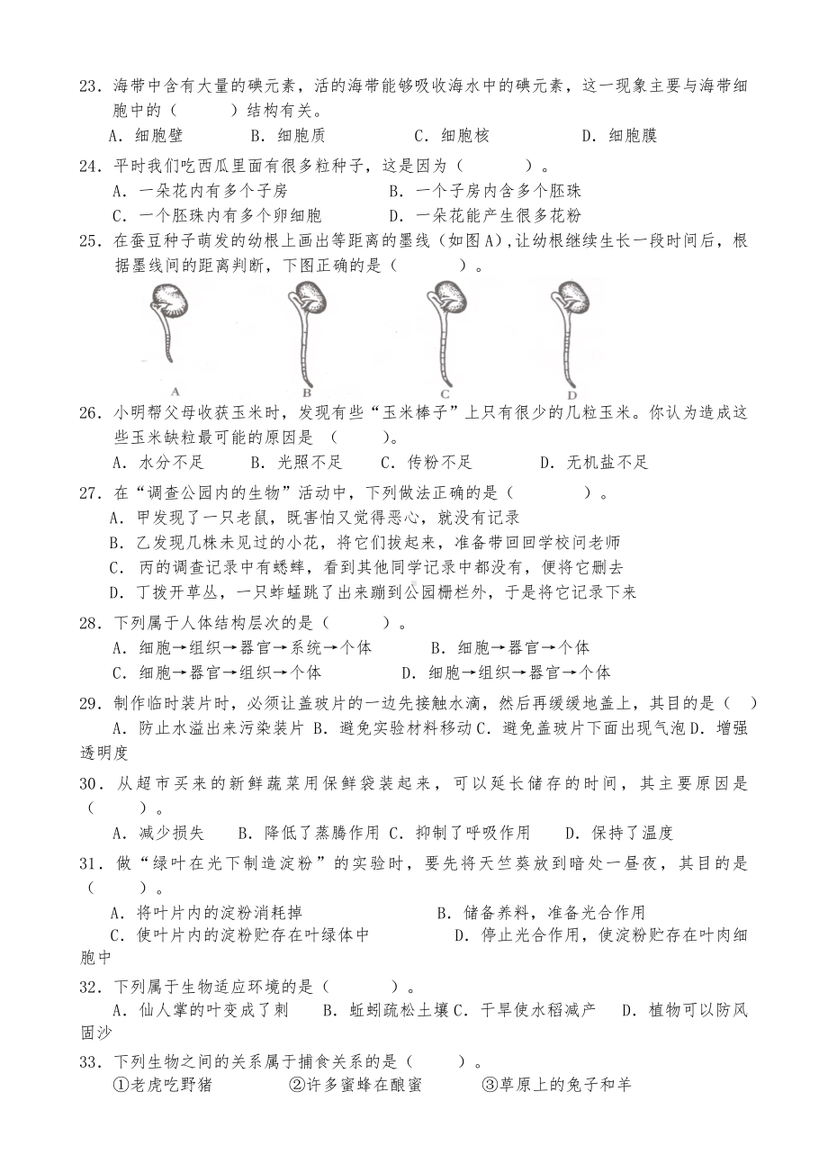 人教版七年级生物上册期末考试测试卷(附答案).doc_第3页